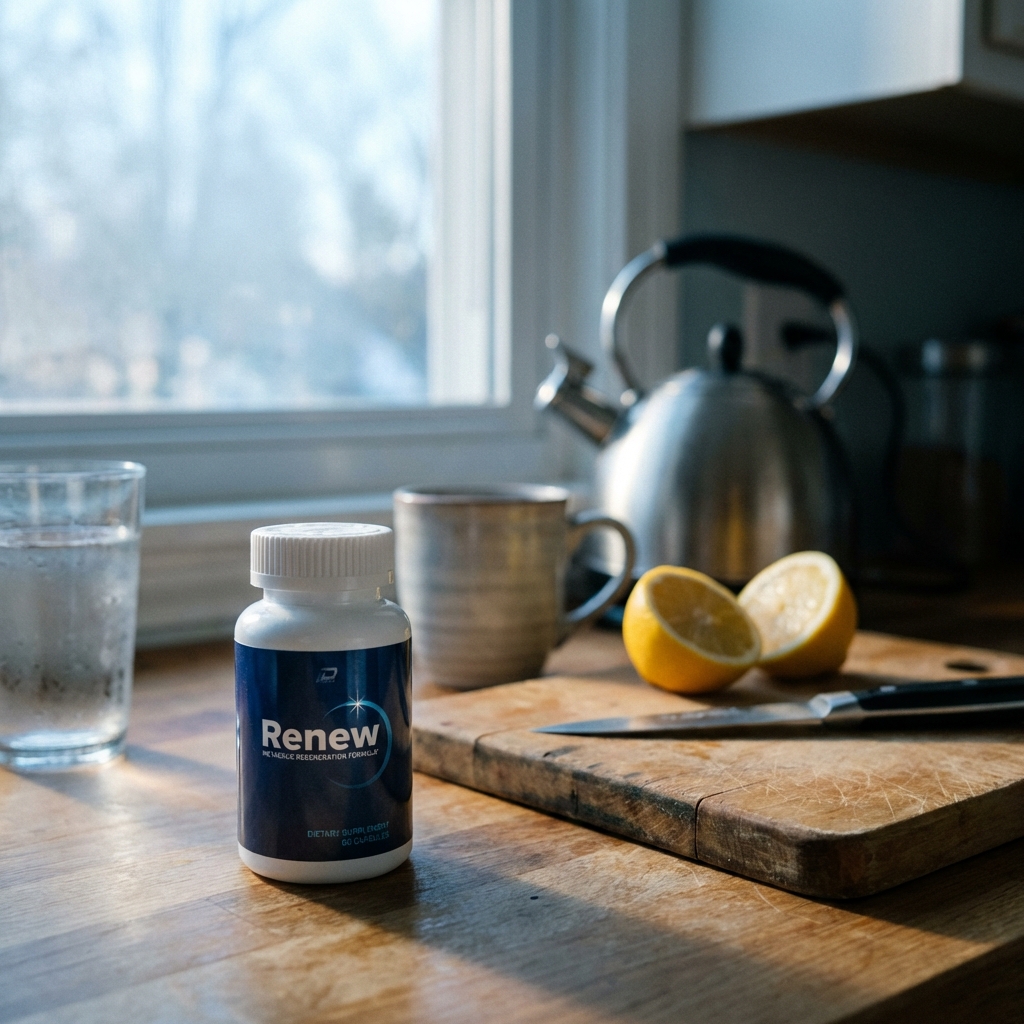 Renew bottle in soft dawn kitchen light