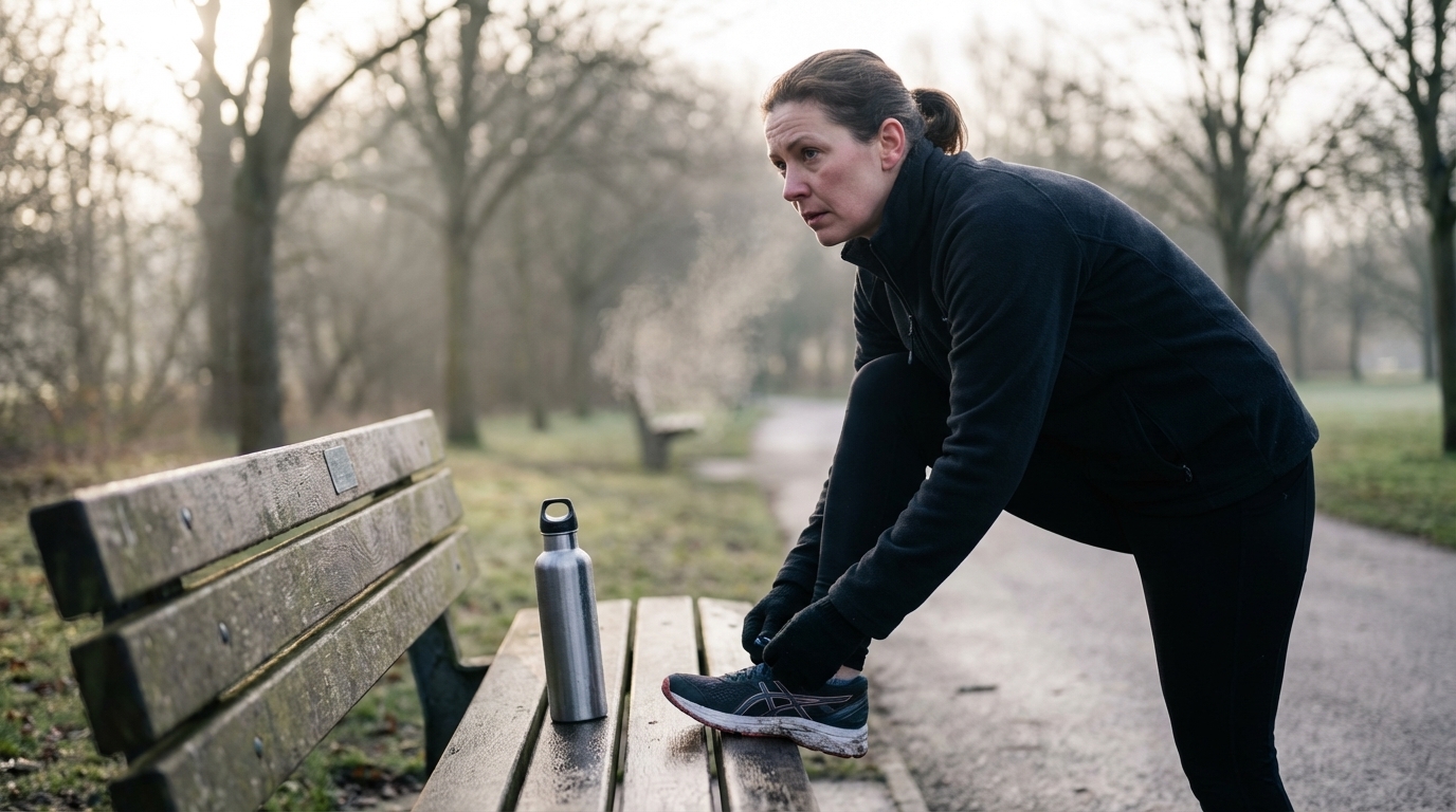 Woman tying shoes on a bench before a walk