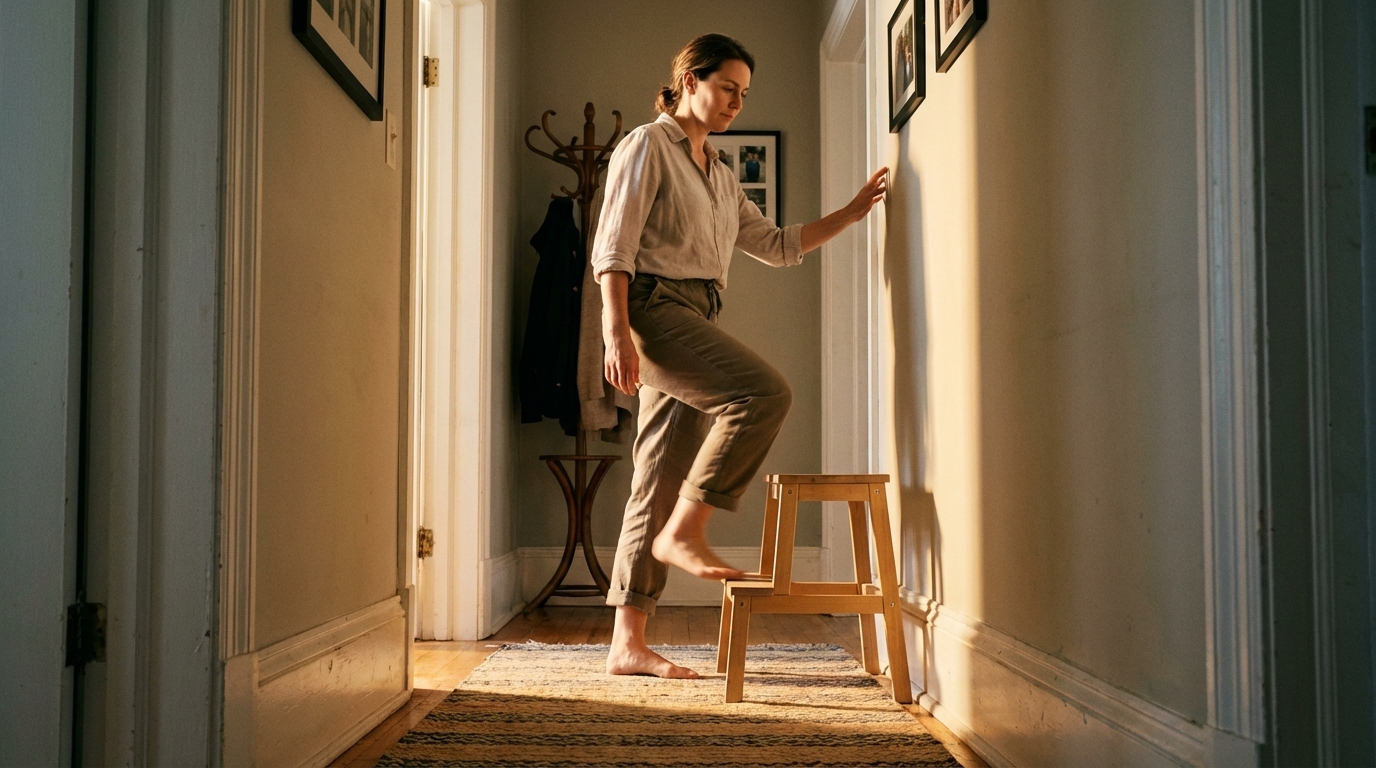 Woman doing step ups at home with steady form