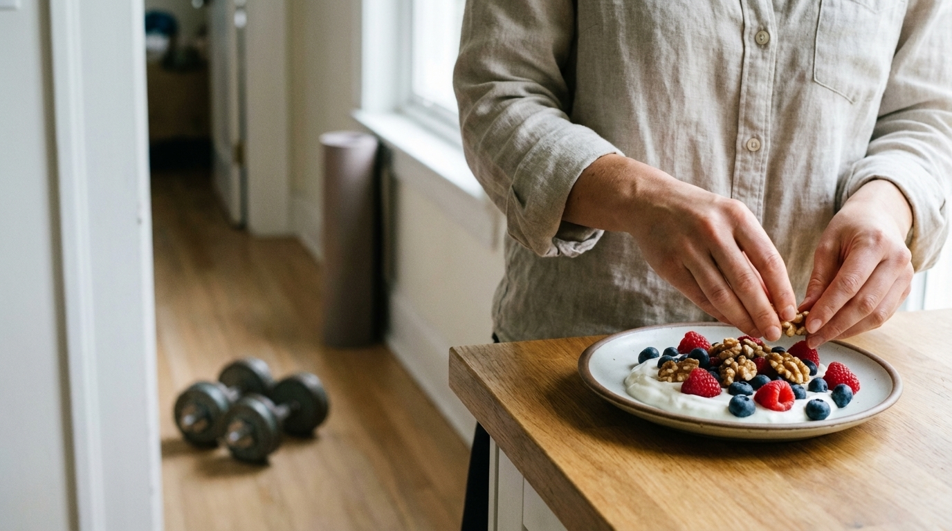 Balanced meal prep with weights softly visible behind