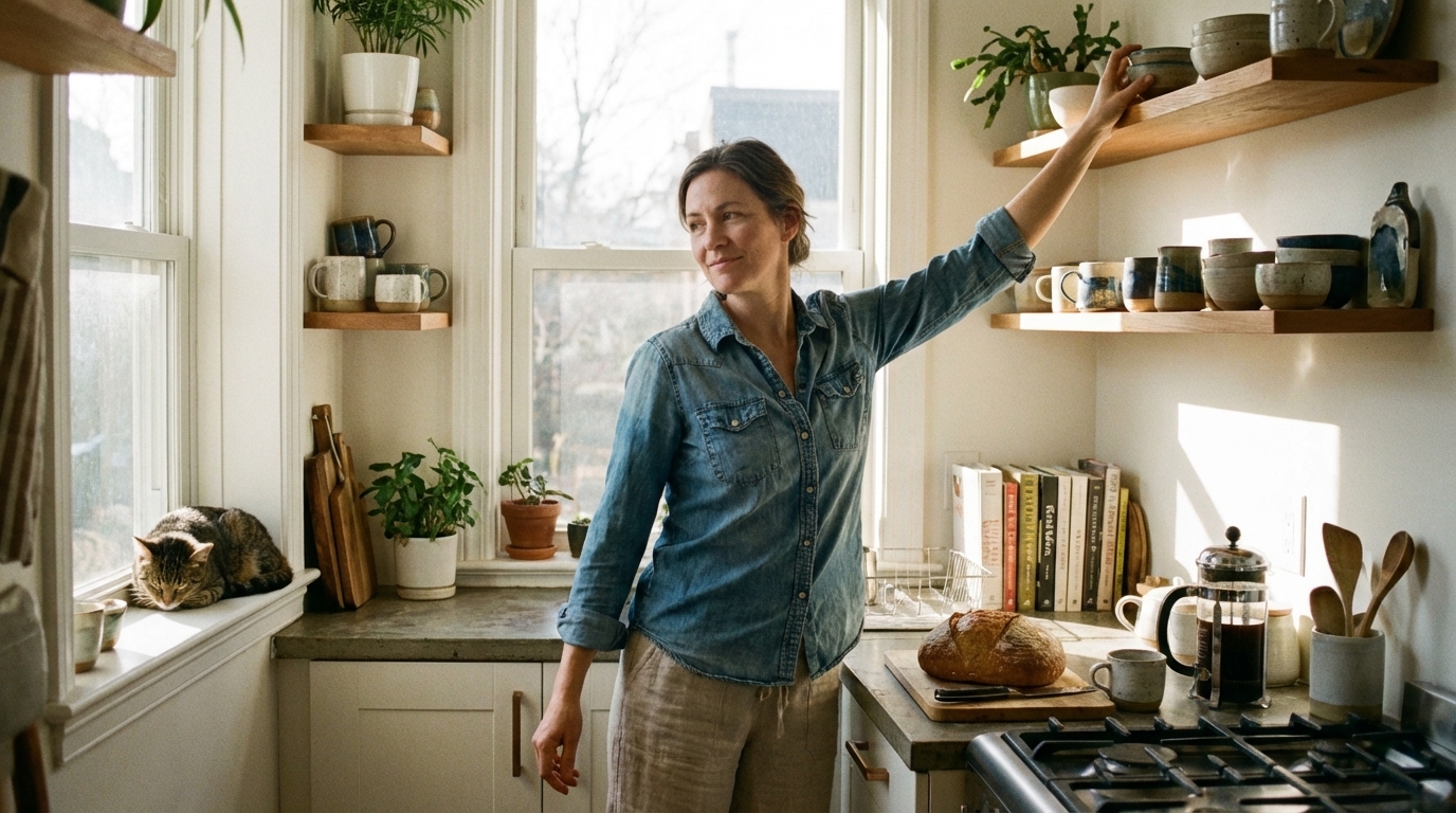 Woman reaching a high shelf with calm confidence