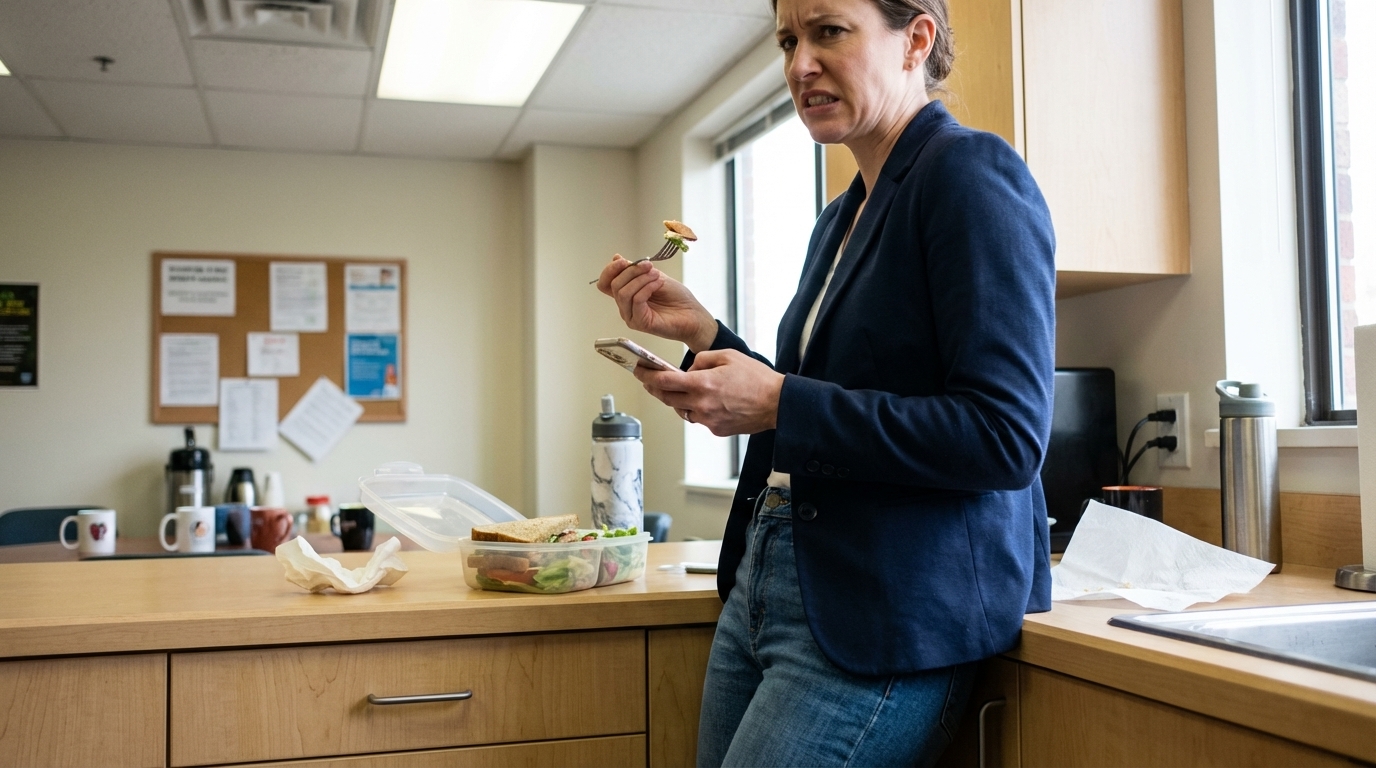 Woman rushing lunch while looking at phone