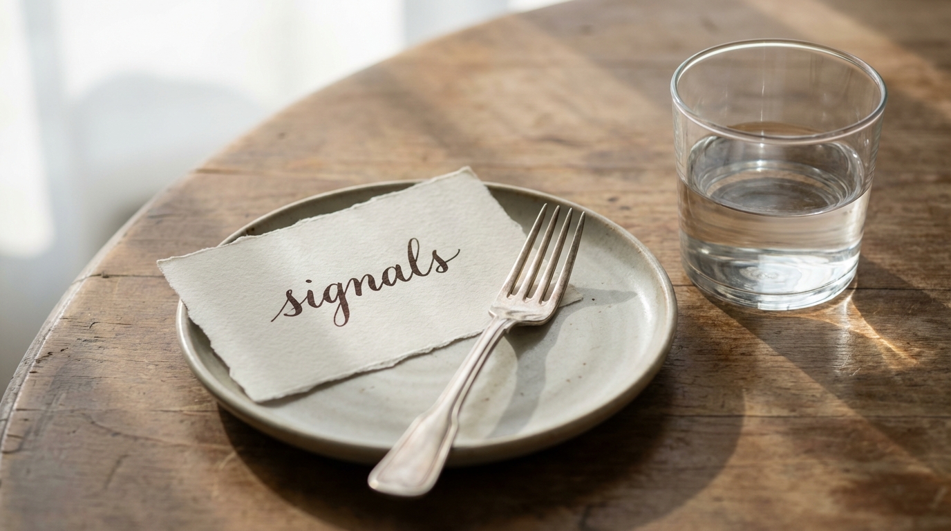 Softly lit table with a simple note about body signals