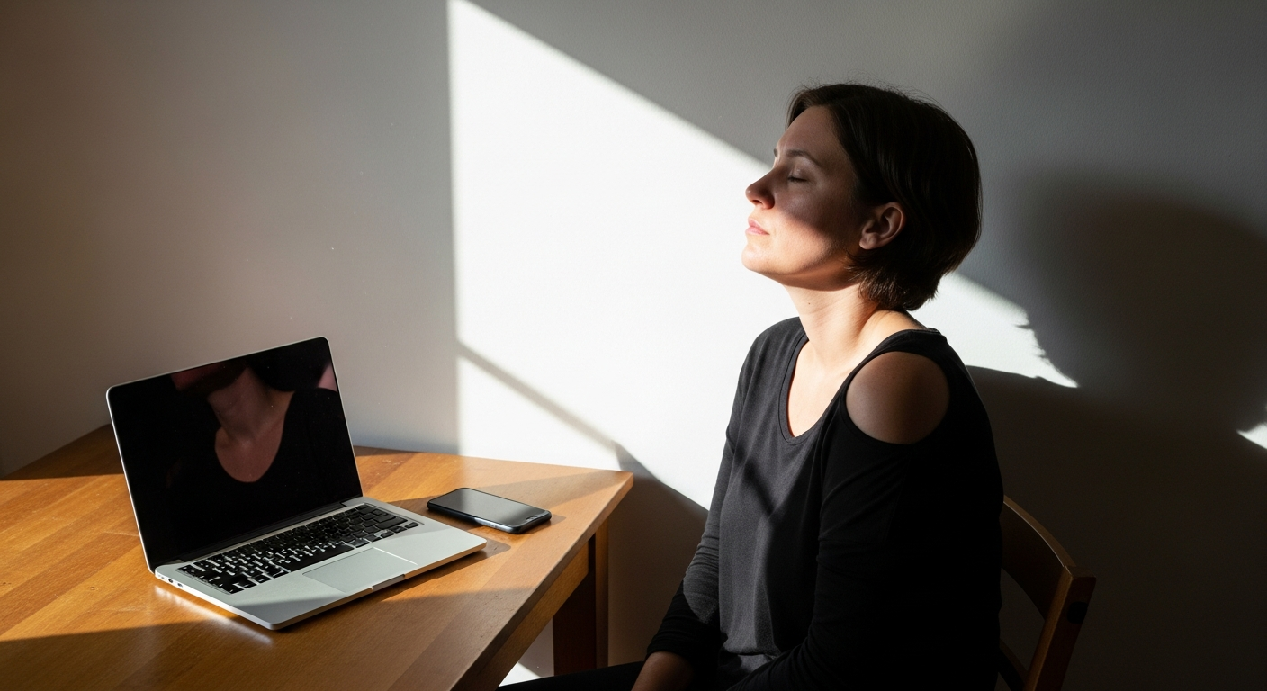 Person pausing at 2 p.m. with soft sunlight and quiet room