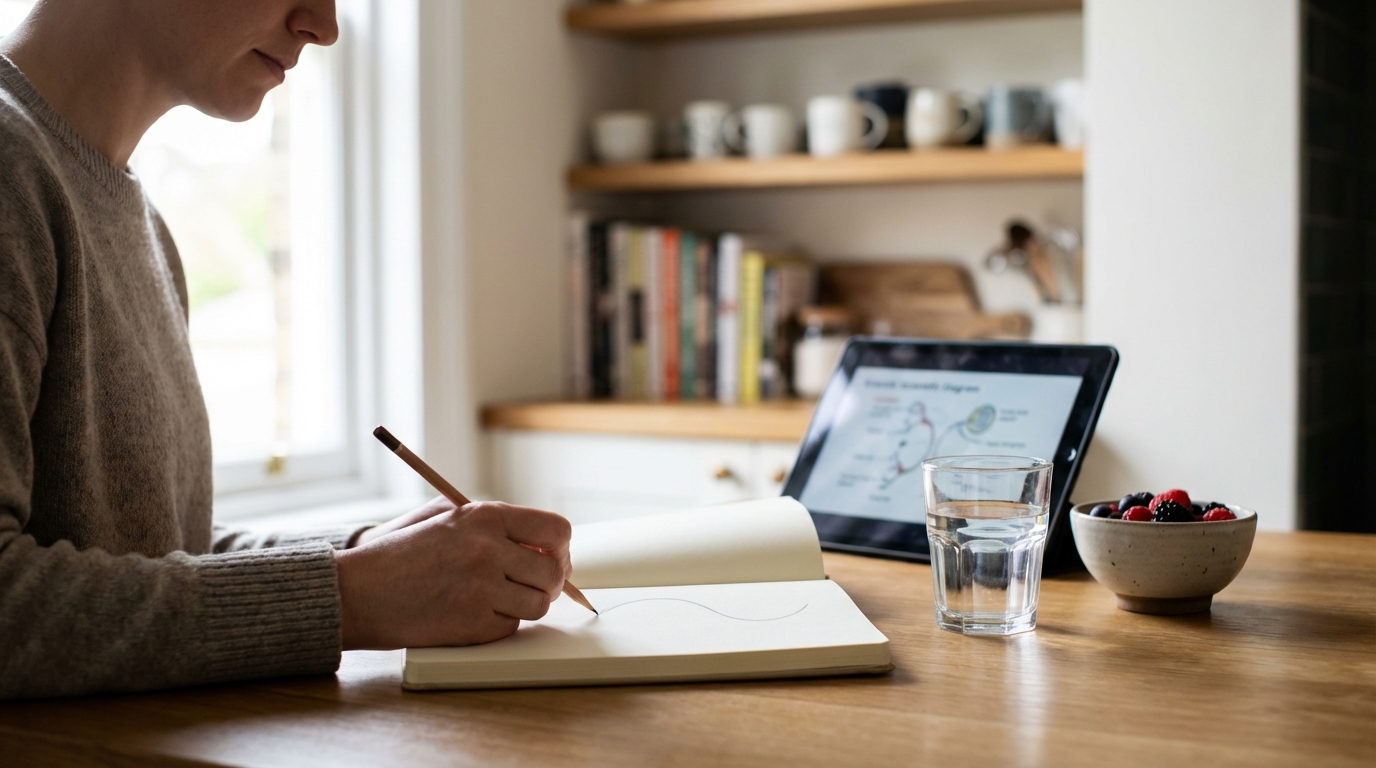Person sketching a simple rise-and-fall graph in a notebook at a sunlit kitchen table