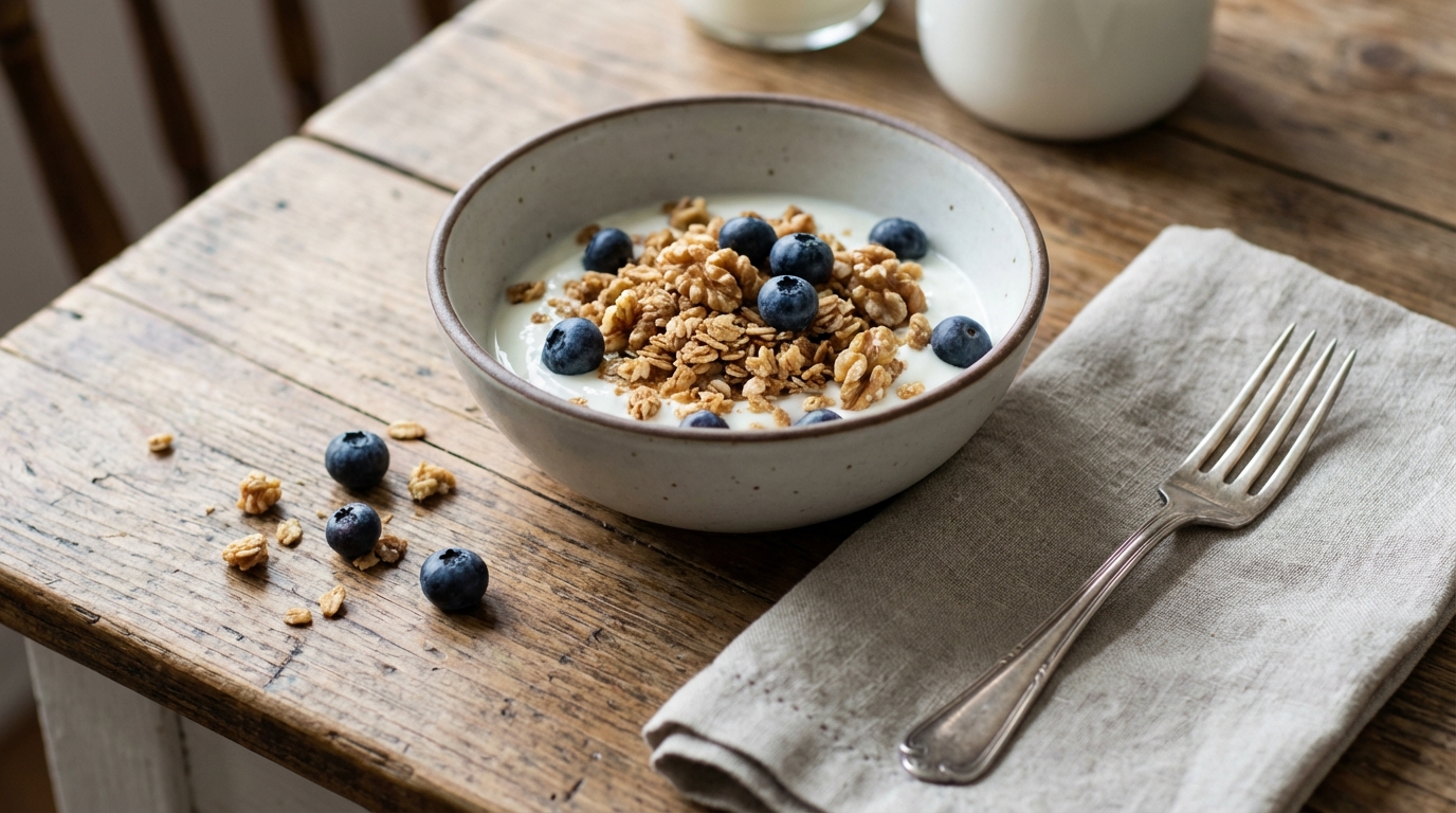 Simple breakfast bowl with yogurt nuts and berries