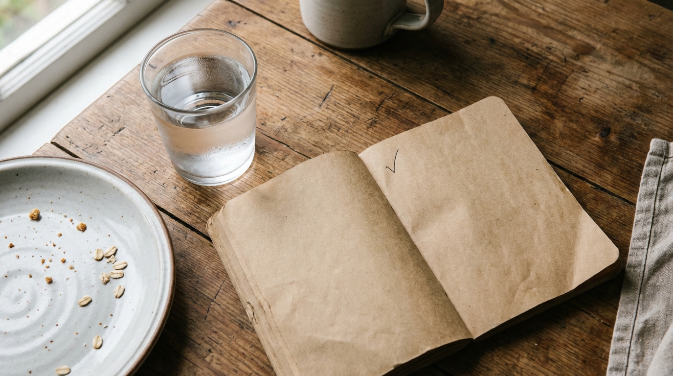Simple morning table setup with water and a small notebook