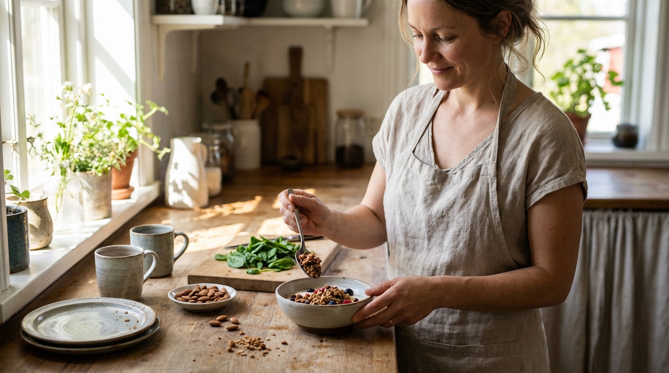 Woman plating simple protein and calcium rich breakfast