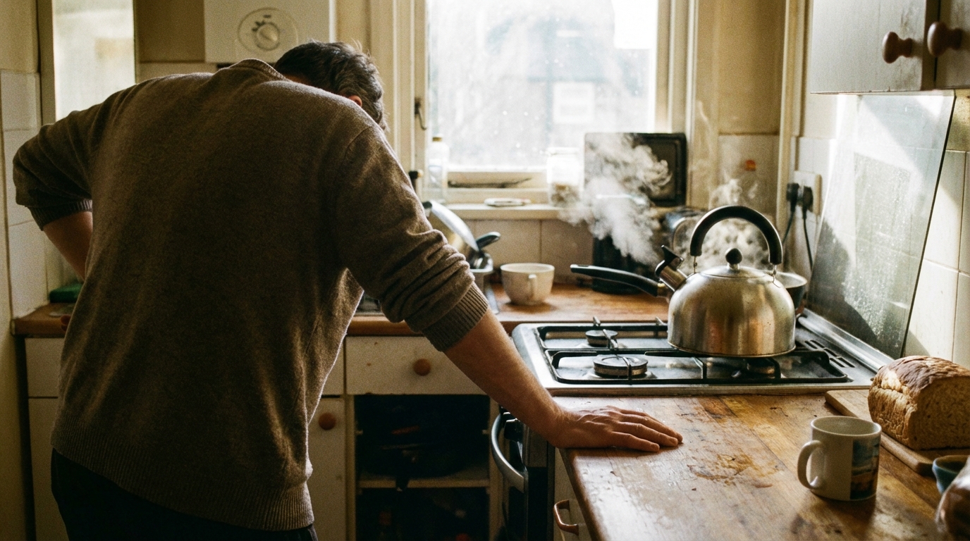 Person pausing in a sunlit kitchen beside steam from a kettle