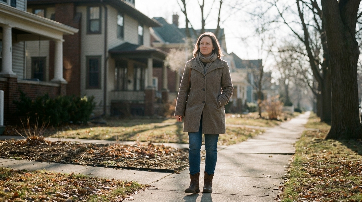 Woman taking a calm walk in everyday clothes
