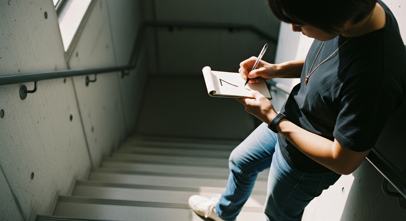 Writing a quick midday energy number before climbing stairs