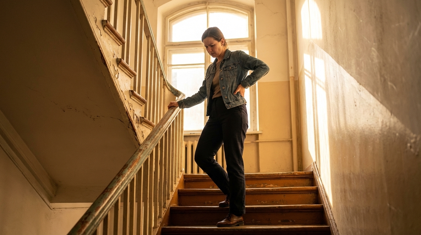 Woman pausing on stairs with a thoughtful look