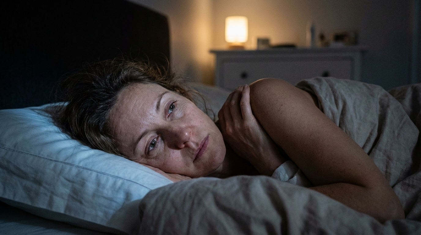 Woman awake in bed in soft low light