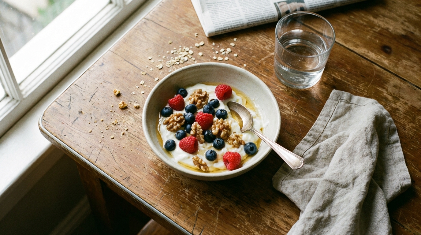 Simple yogurt bowl with berries in natural light