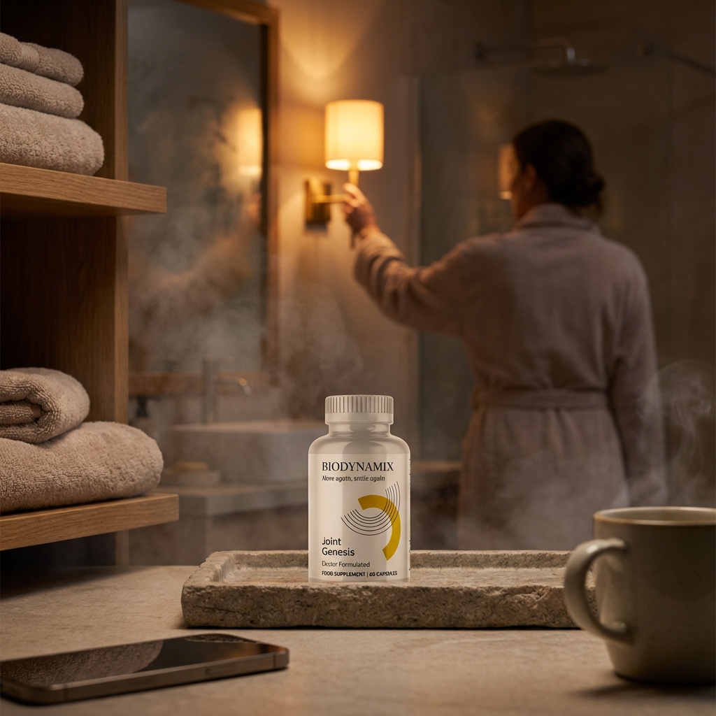 Joint Genesis bottle on a vanity during a calm nighttime routine