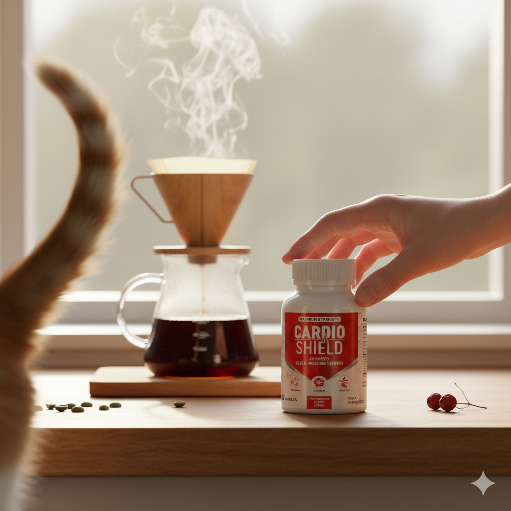 Cardio Shield eased into morning light beside a steaming pour-over