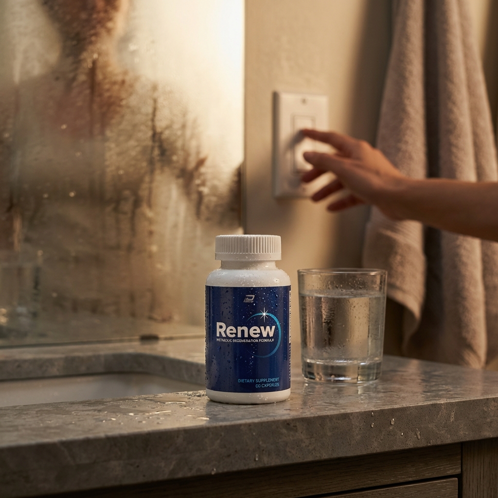 Renew bottle on a misty bathroom vanity at night