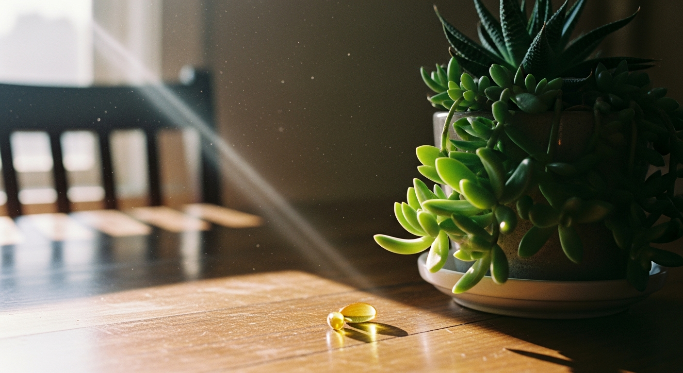 Sunbeam over a table with a vitamin D softgel