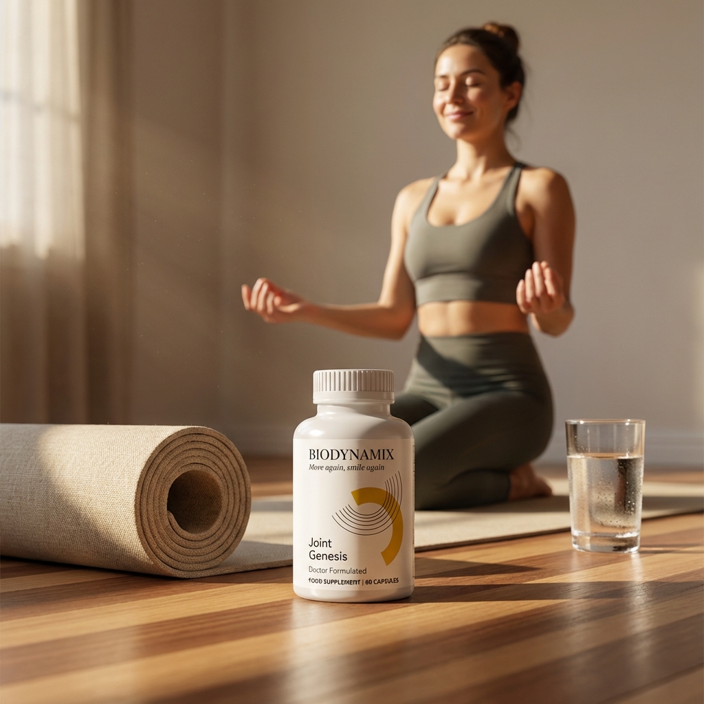 Joint Genesis bottle in sunlit stretch corner beside a yoga mat