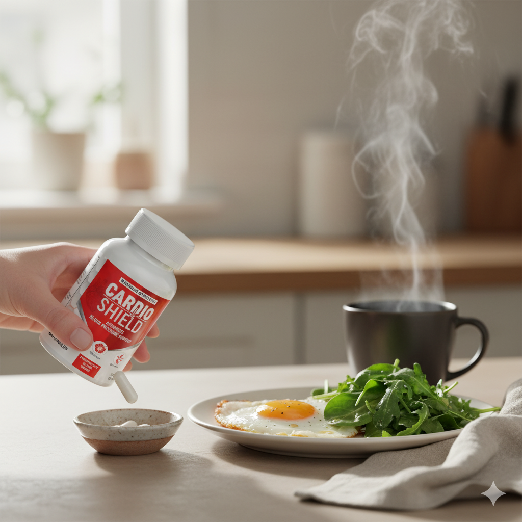 Capsule set from Cardio Shield bottle into a tiny dish at breakfast