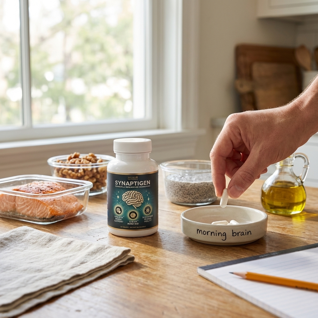 Synaptigen bottle in the middle of a weekly spread of brain-friendly foods.