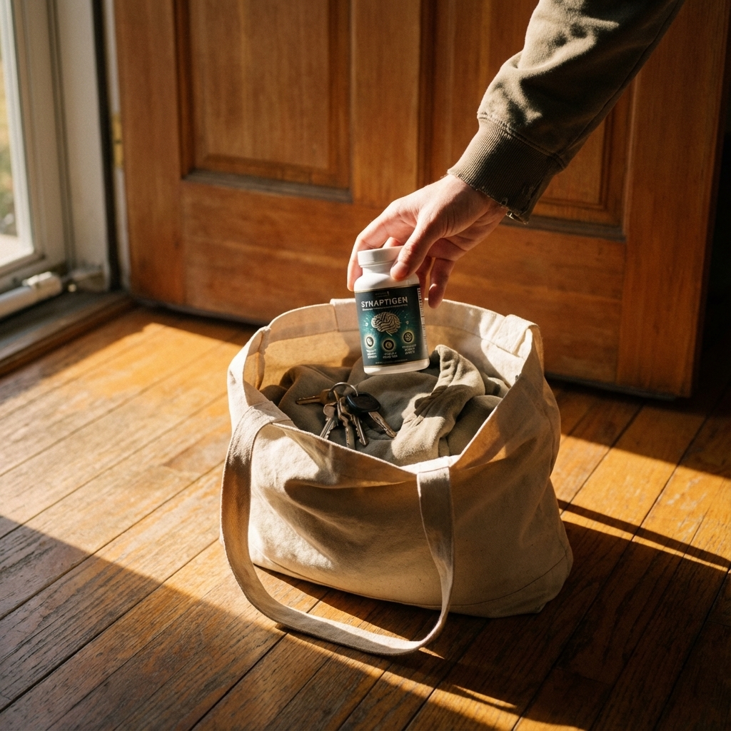 Synaptigen near an open notebook in warm light