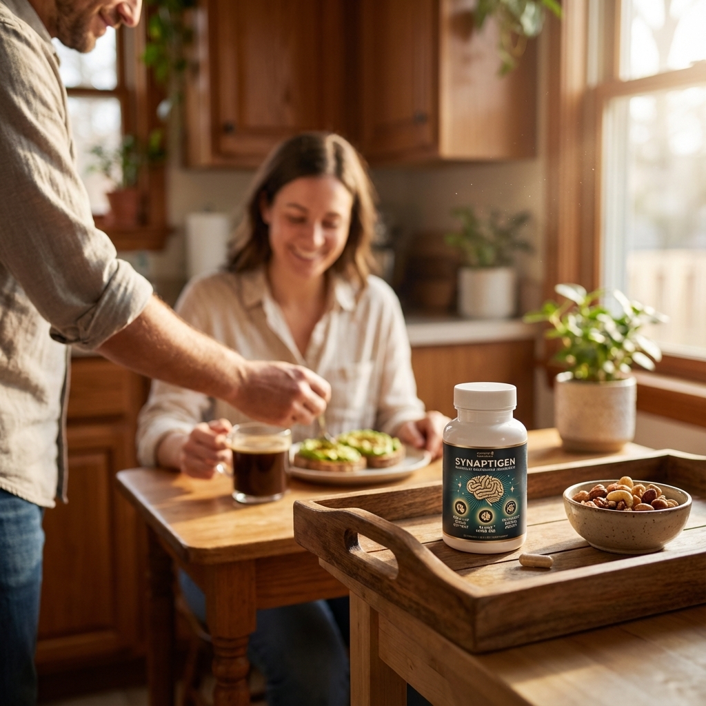 Synaptigen bottle on a breakfast tray between two people.