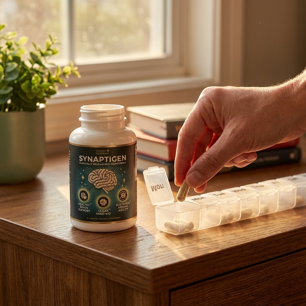 Hand adding a Synaptigen capsule into a weekly organizer.