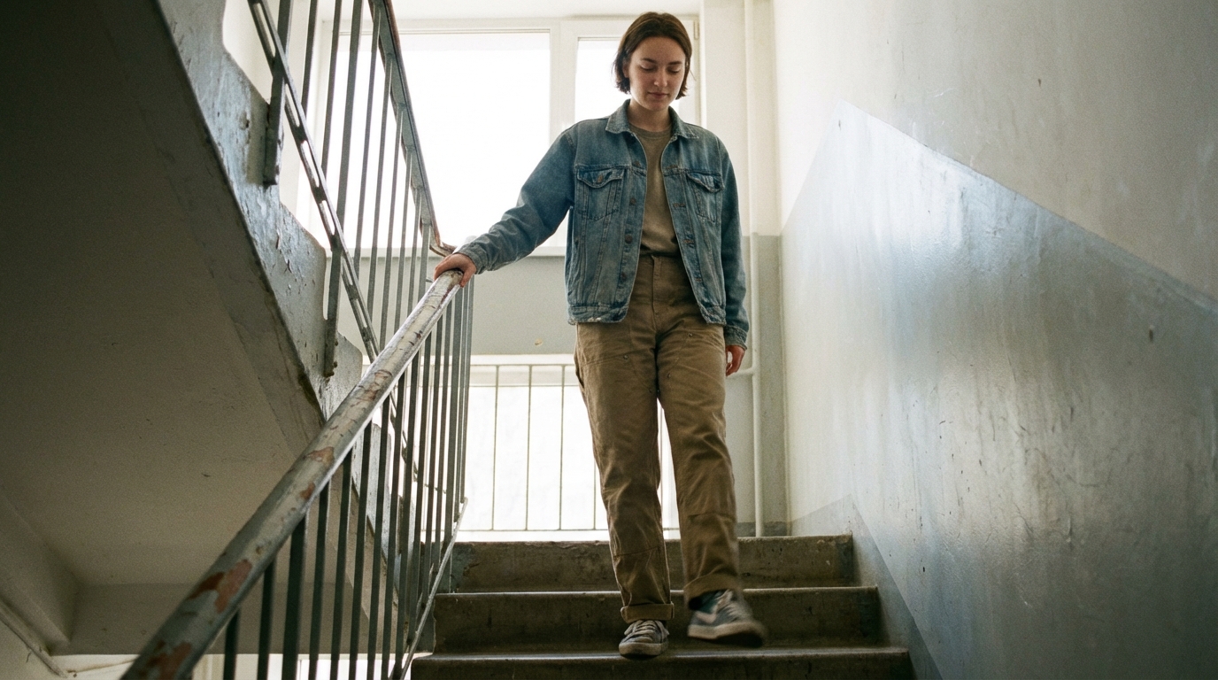 Person walking stairs calmly in natural daylight