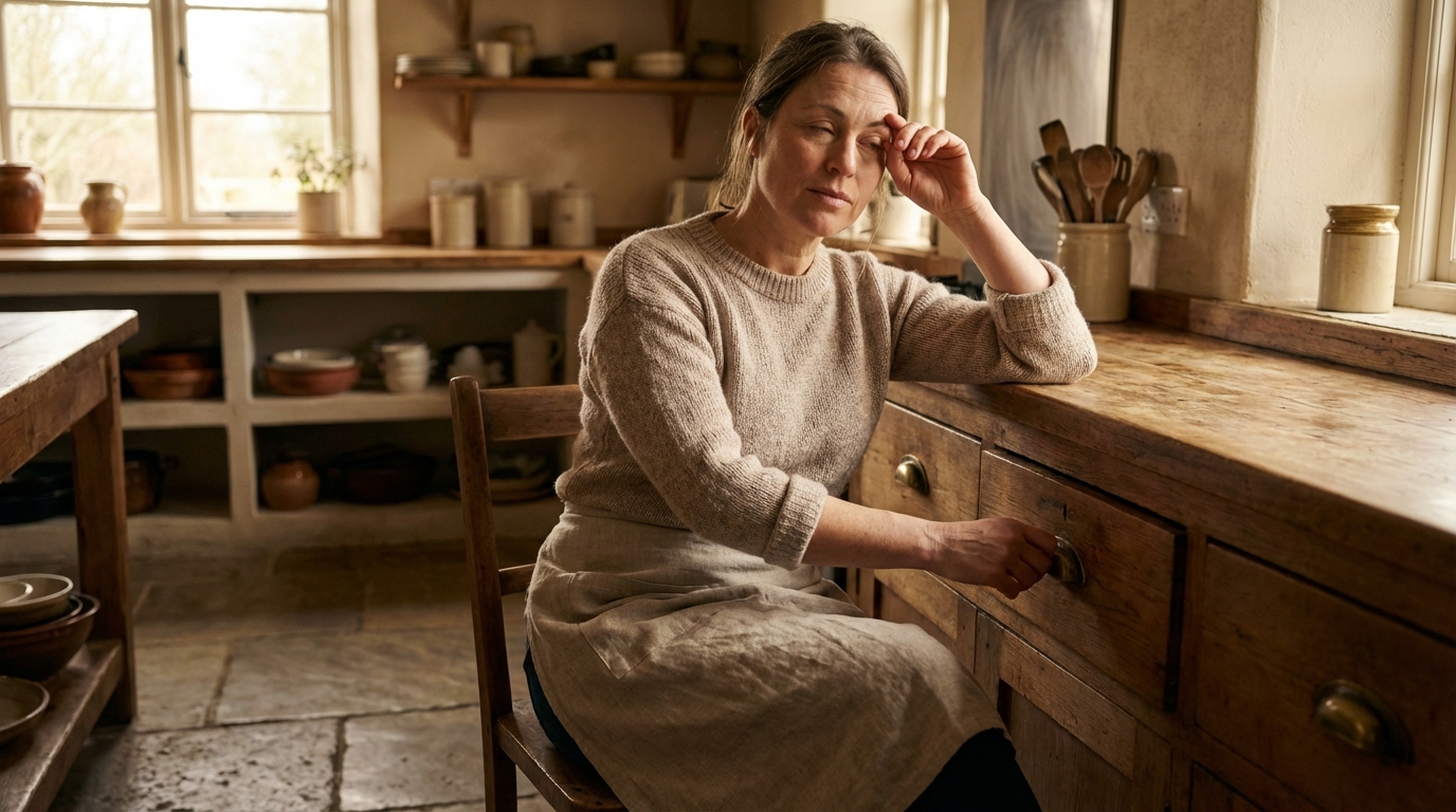 Woman at desk mid-afternoon looking tired and tense