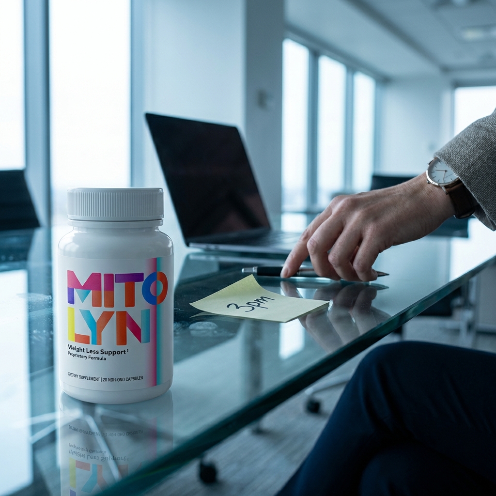 Mitolyn bottle on meeting table during afternoon slump