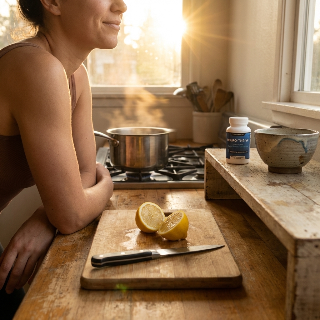 Neuro-Thrive near a warm kitchen scene at evening reset time