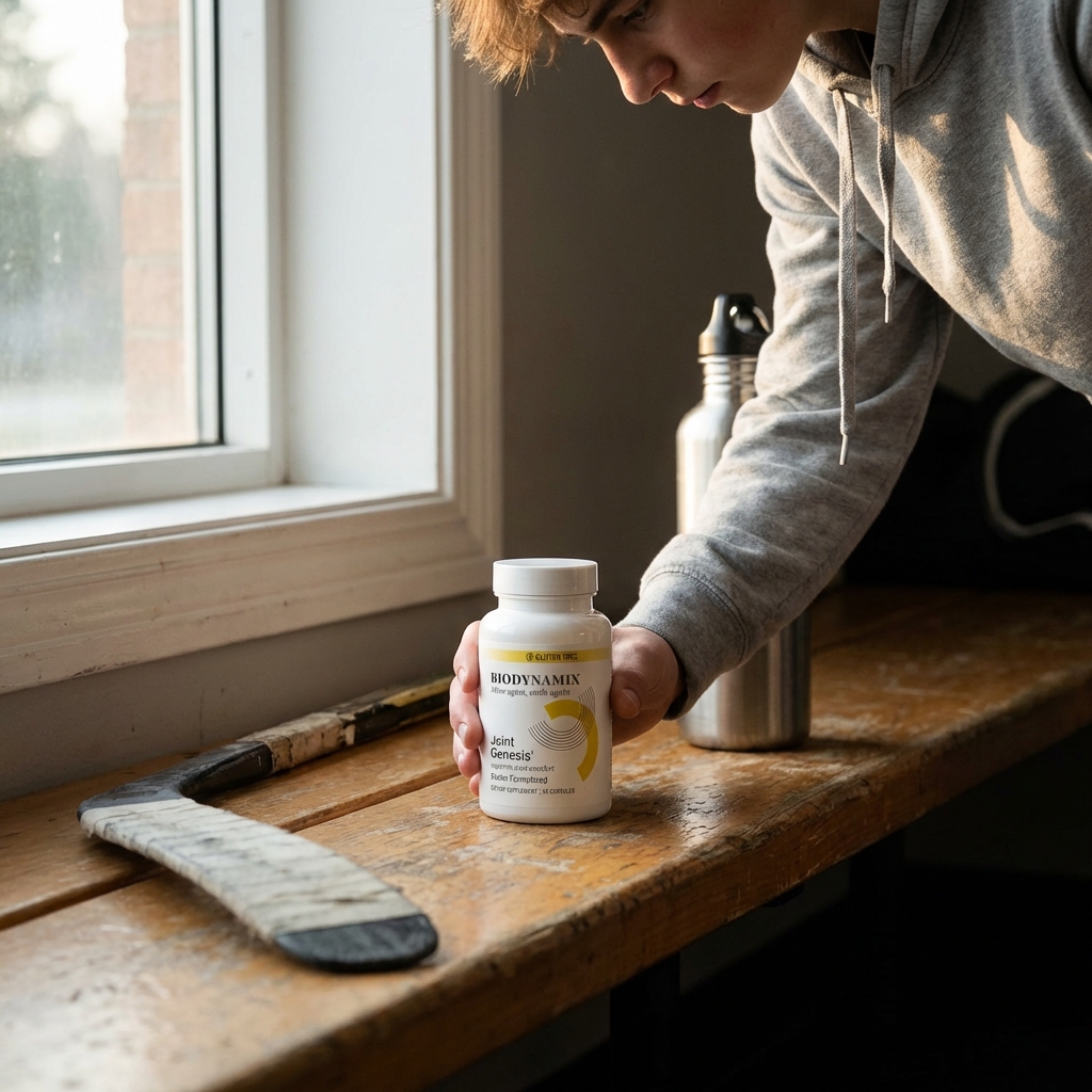 Joint Genesis bottle on a gym bench beside athlete gear