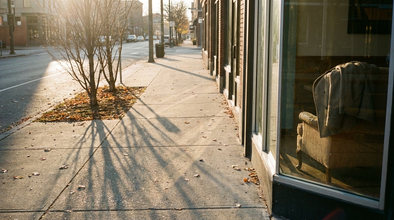 Quiet sidewalk in warm light after midday