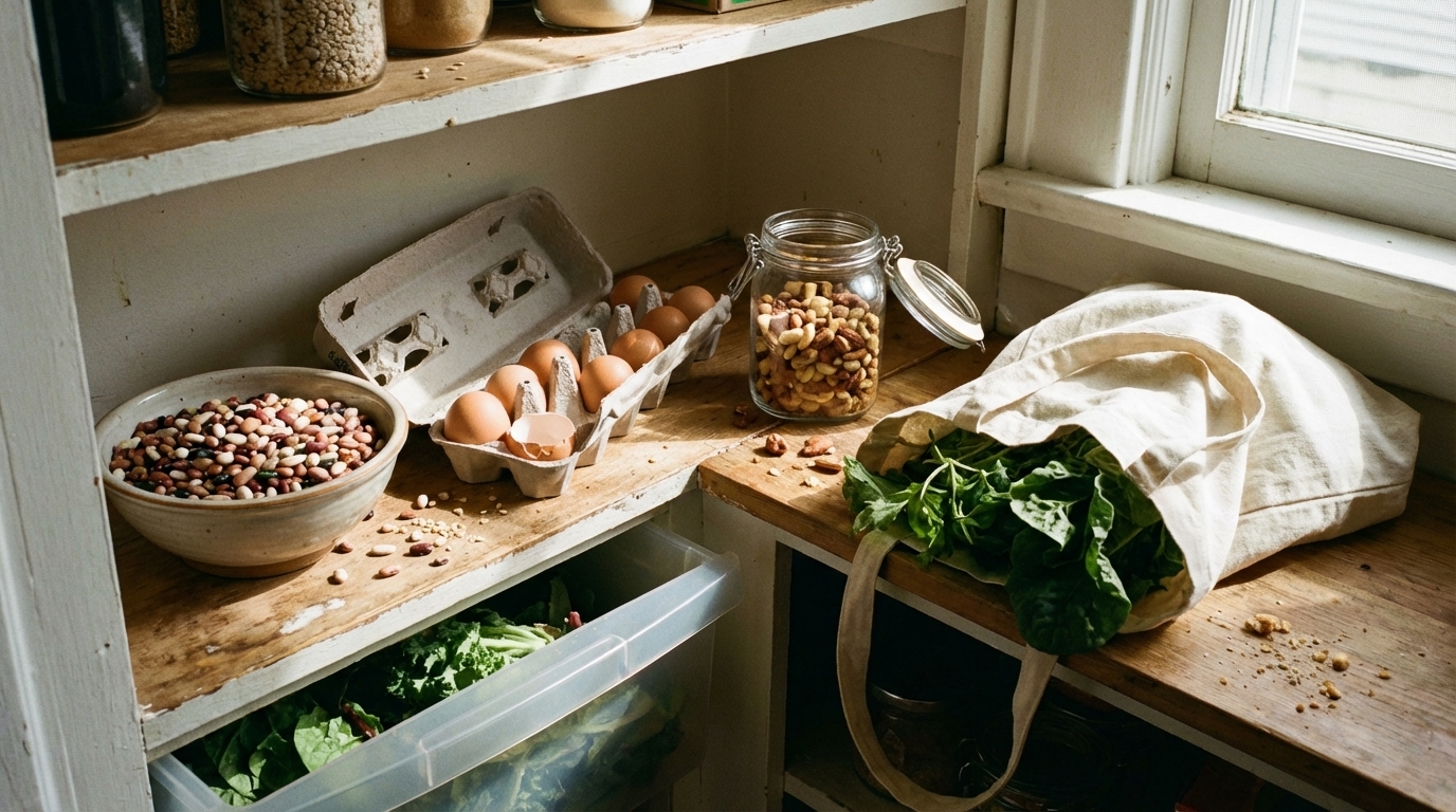 Pantry and counter with simple whole foods ready to use