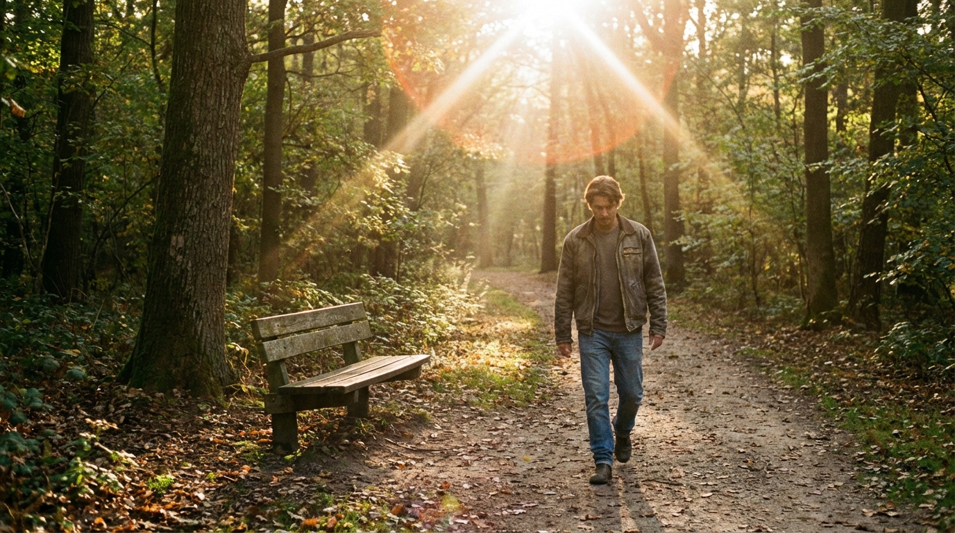 Person walking slowly in morning light on a quiet path
