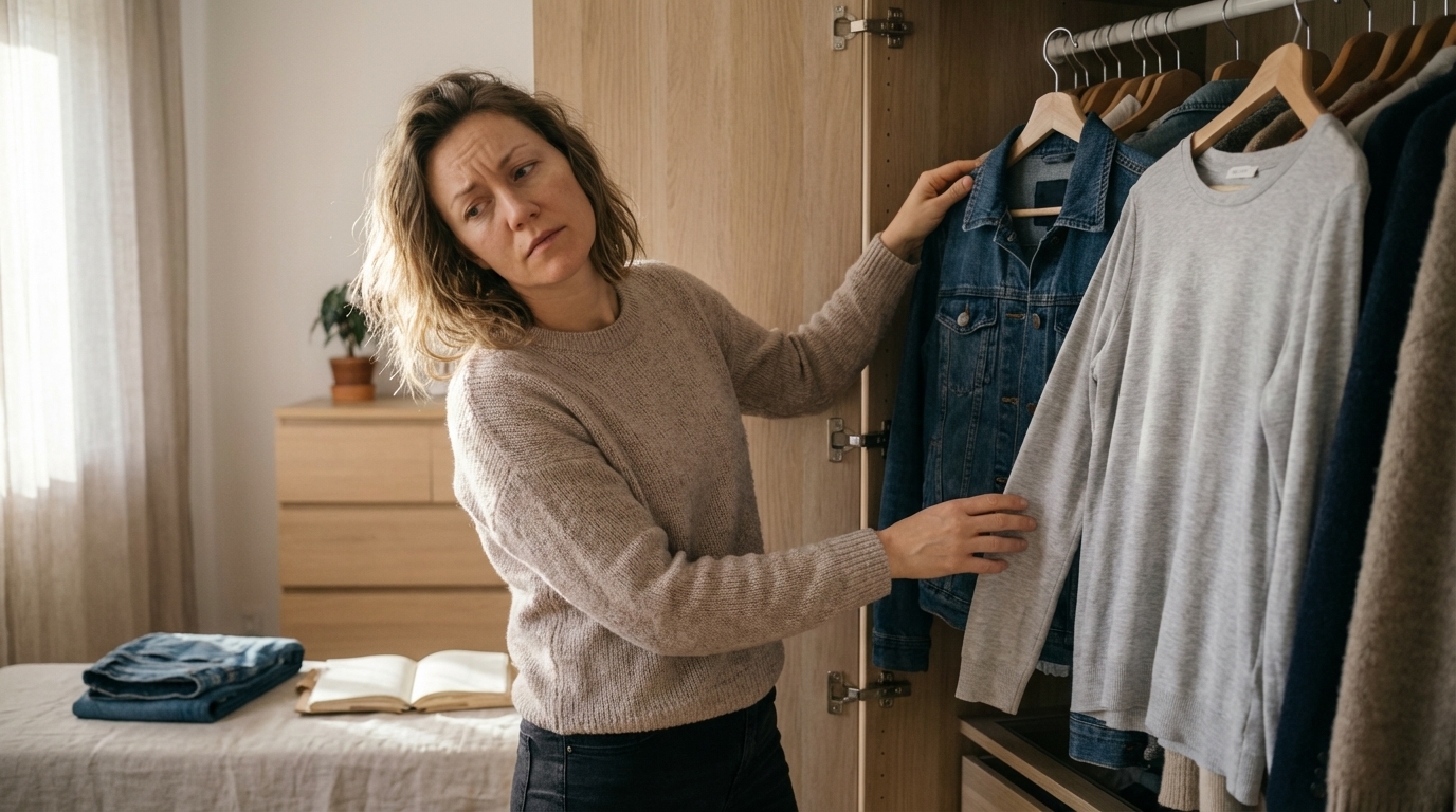 Woman choosing clothes in a quiet morning closet