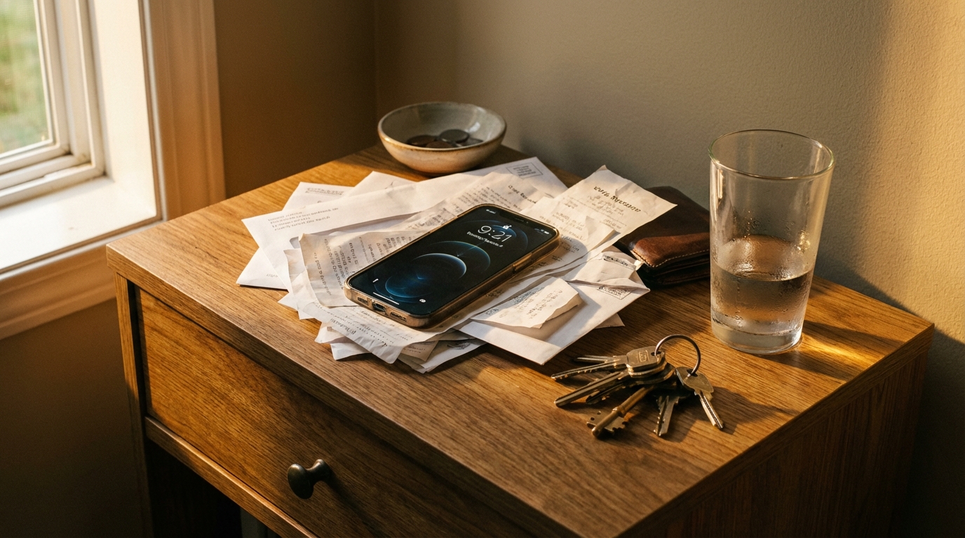 Cluttered table with receipts phone and keys in warm light