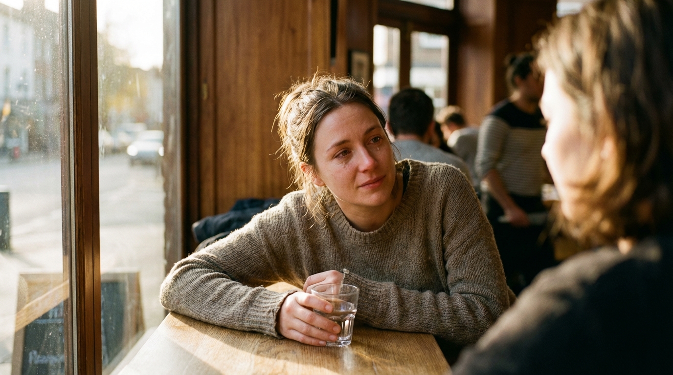 Woman listening in warm café light