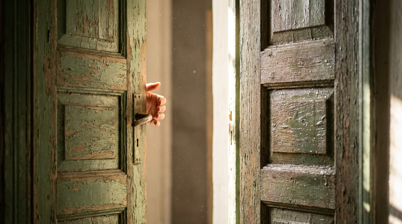 Hand opening a door smoothly in soft light