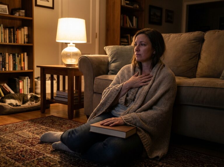 Woman awake at night wrapped in a blanket by a dim lamp