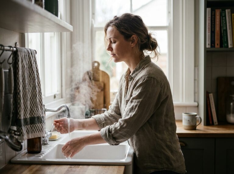 Woman warming her hands at a sink in soft morning light
