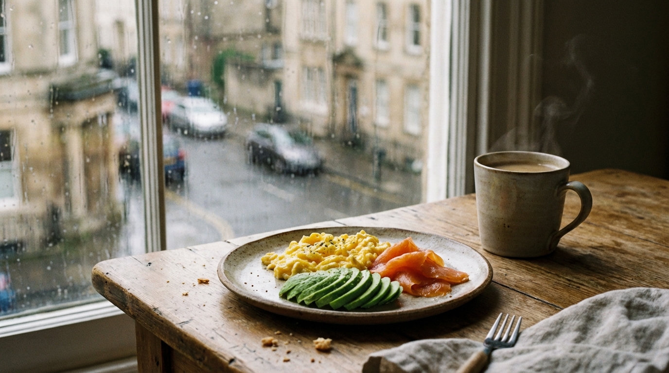 Plate of eggs, avocado, and smoked salmon in a softly lit kitchen.