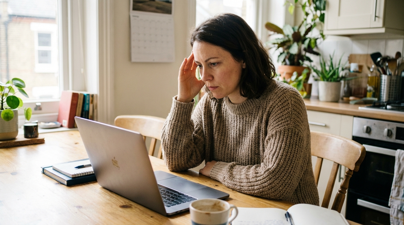 Woman rereading a laptop screen in soft daylight