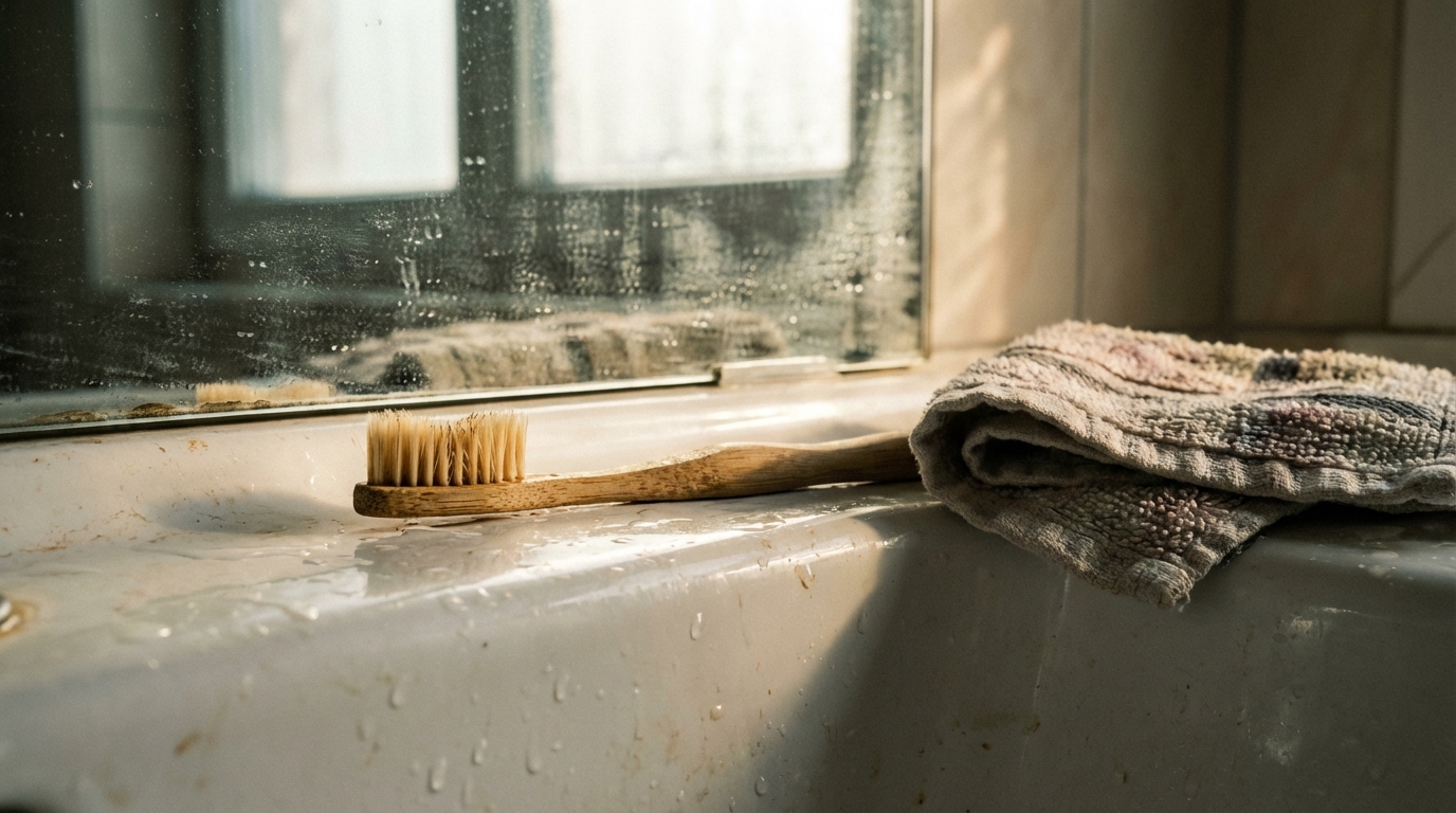 Bathroom sink scene with toothbrush and morning light
