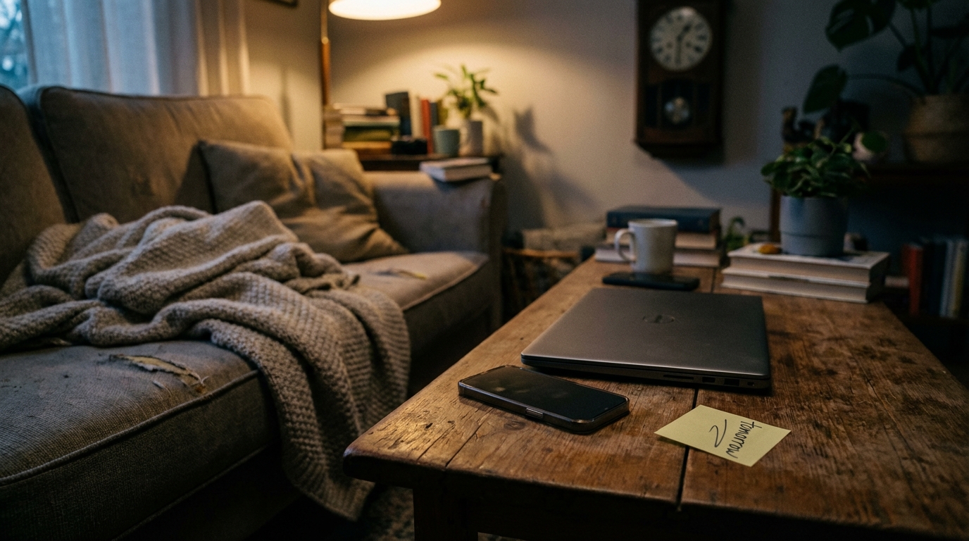 Dim living room with phone face-down and note
