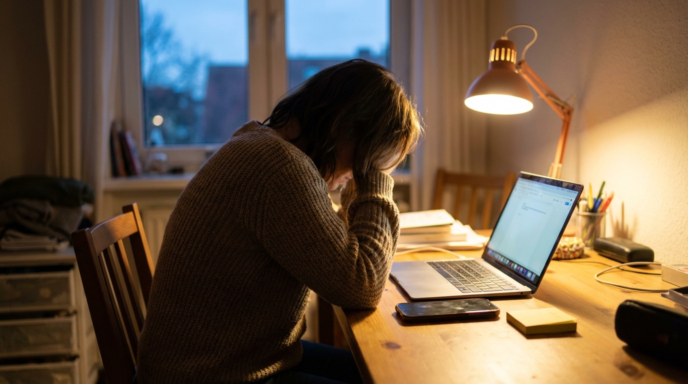 Person at table with laptop and notes looking tense