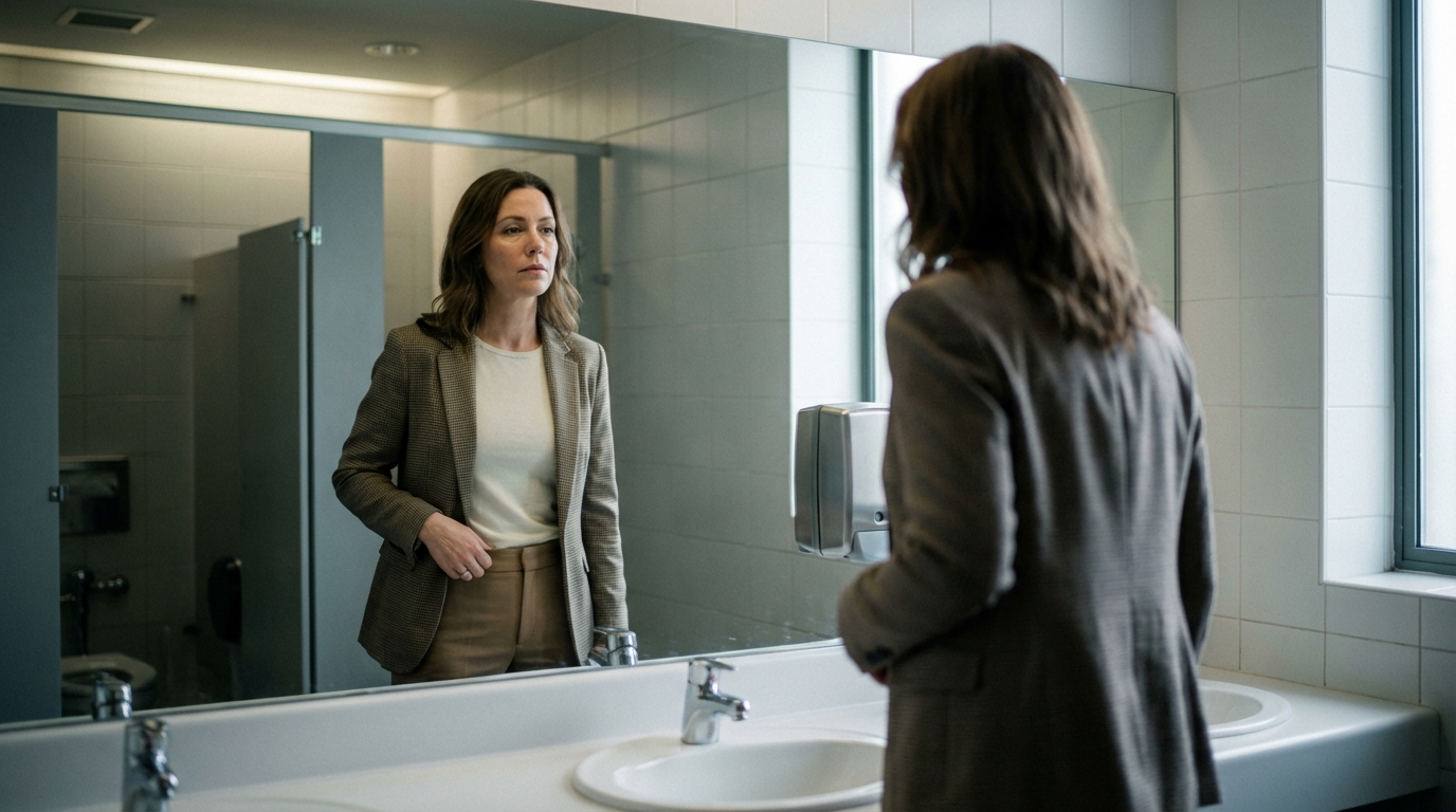 Woman in office restroom mirror looking thoughtful