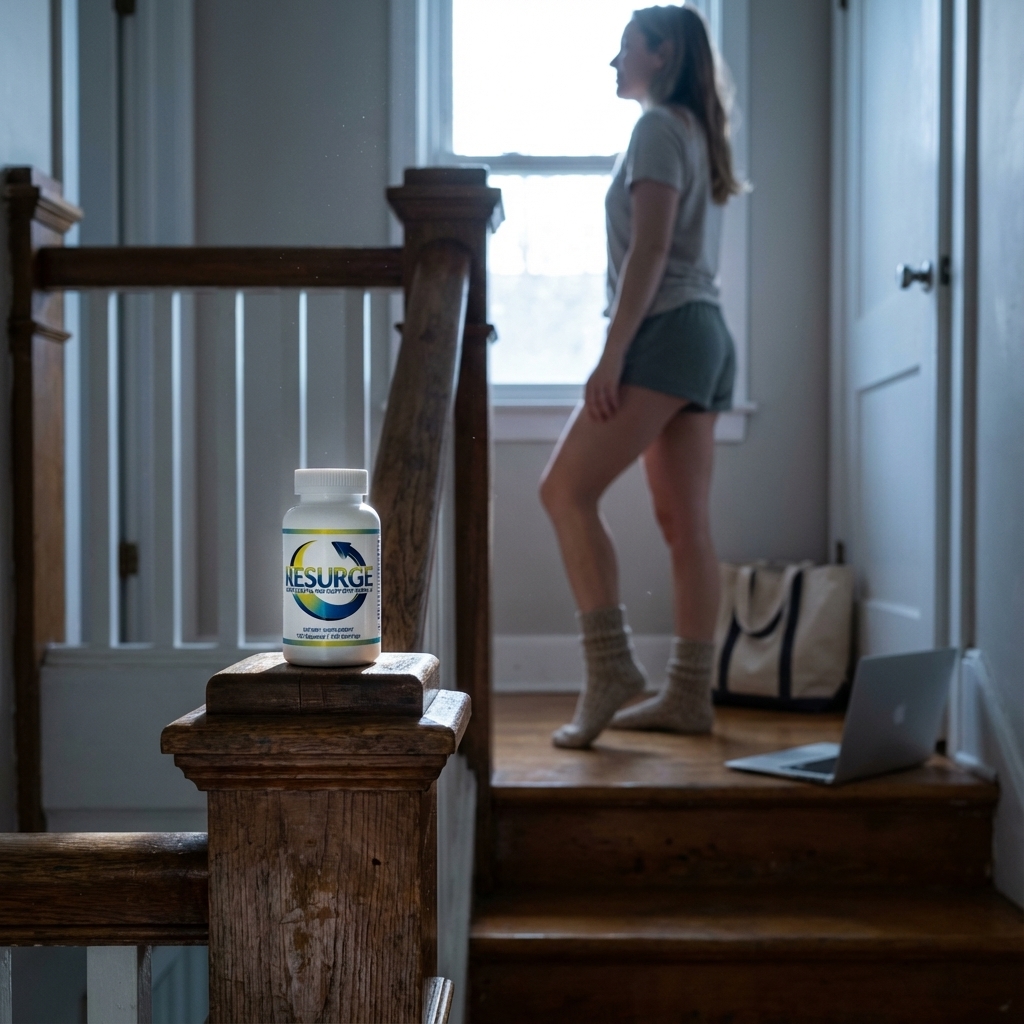 Resurge bottle in focus on a stair ledge in morning light