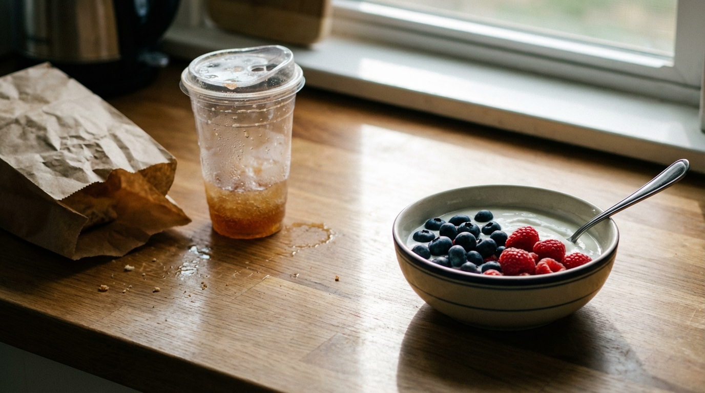 Kitchen counter with takeout leftovers and a simple berry bowl